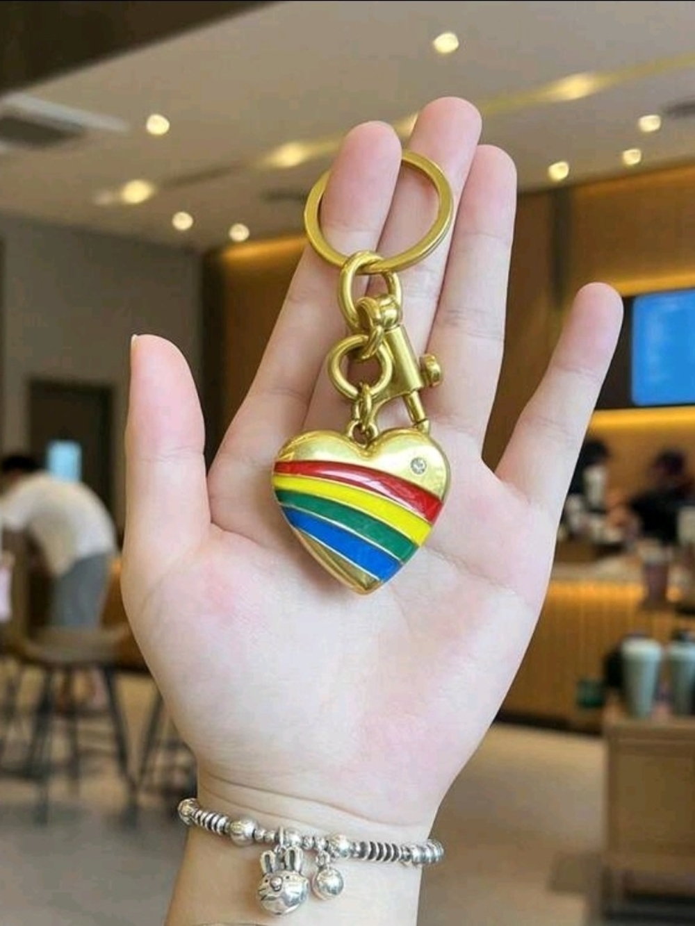 Gold Heart Rainbow Keyring - Colorful Enamel Heart Keychain